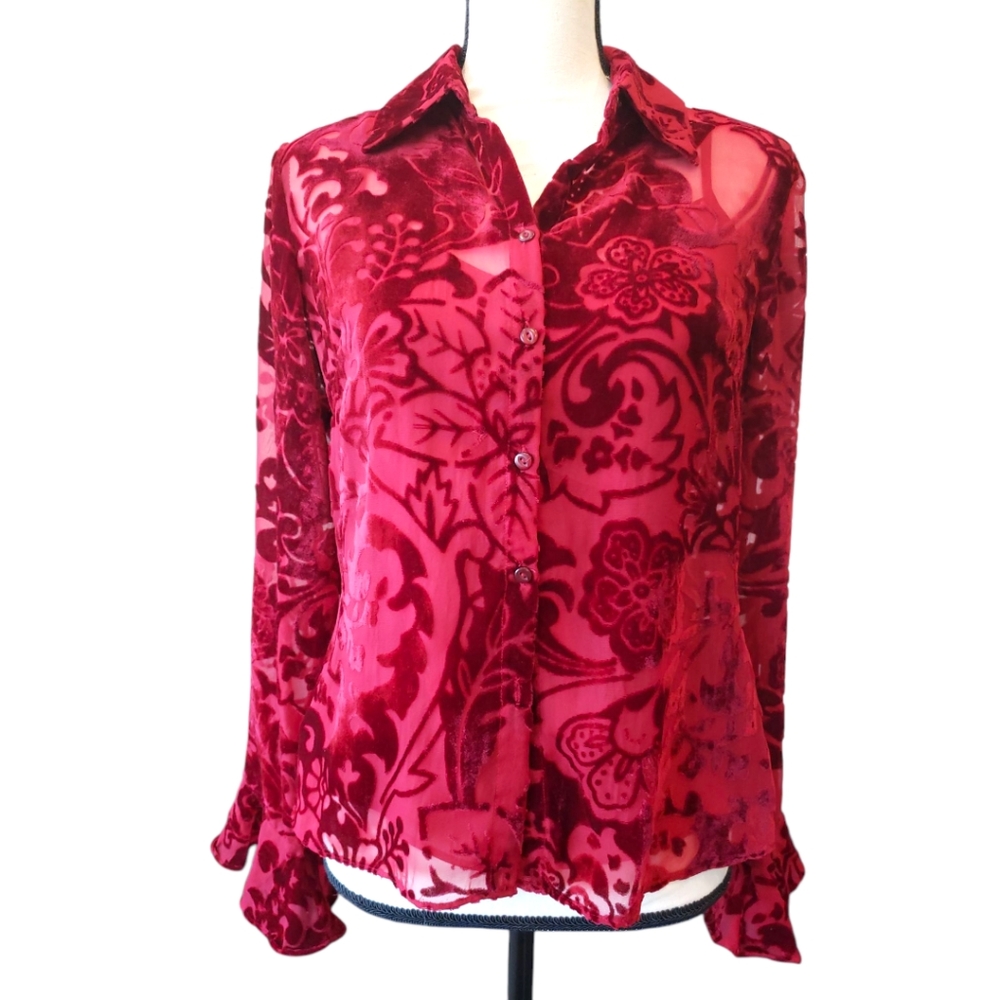 Sheer Velour Button Down Top Floral